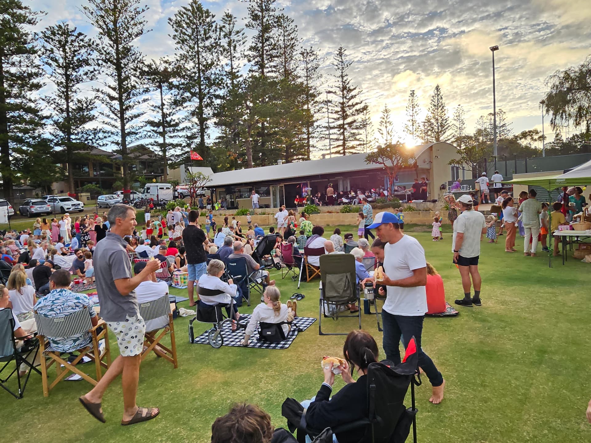 Sunset over the clubhouse as the community gathers for Christmas Carols