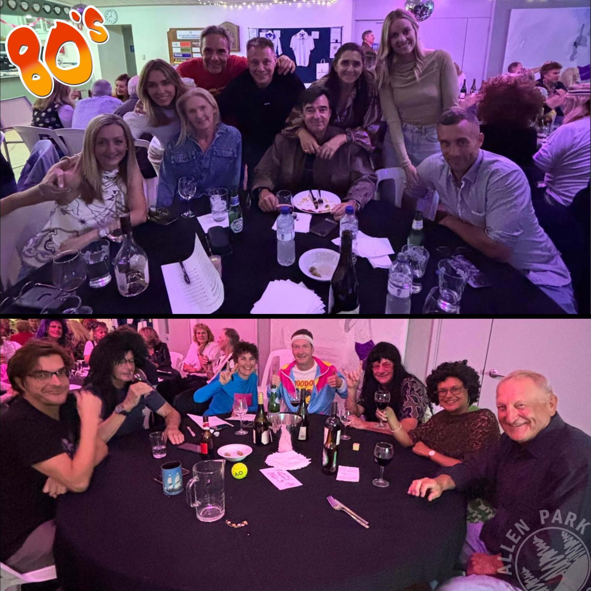 Tables of quiz night guests in 80's outfits