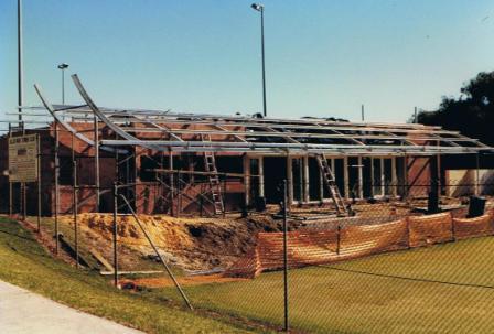 The Allen Park clubhouse mid-renovation with its roof removed and scaffolding in place.